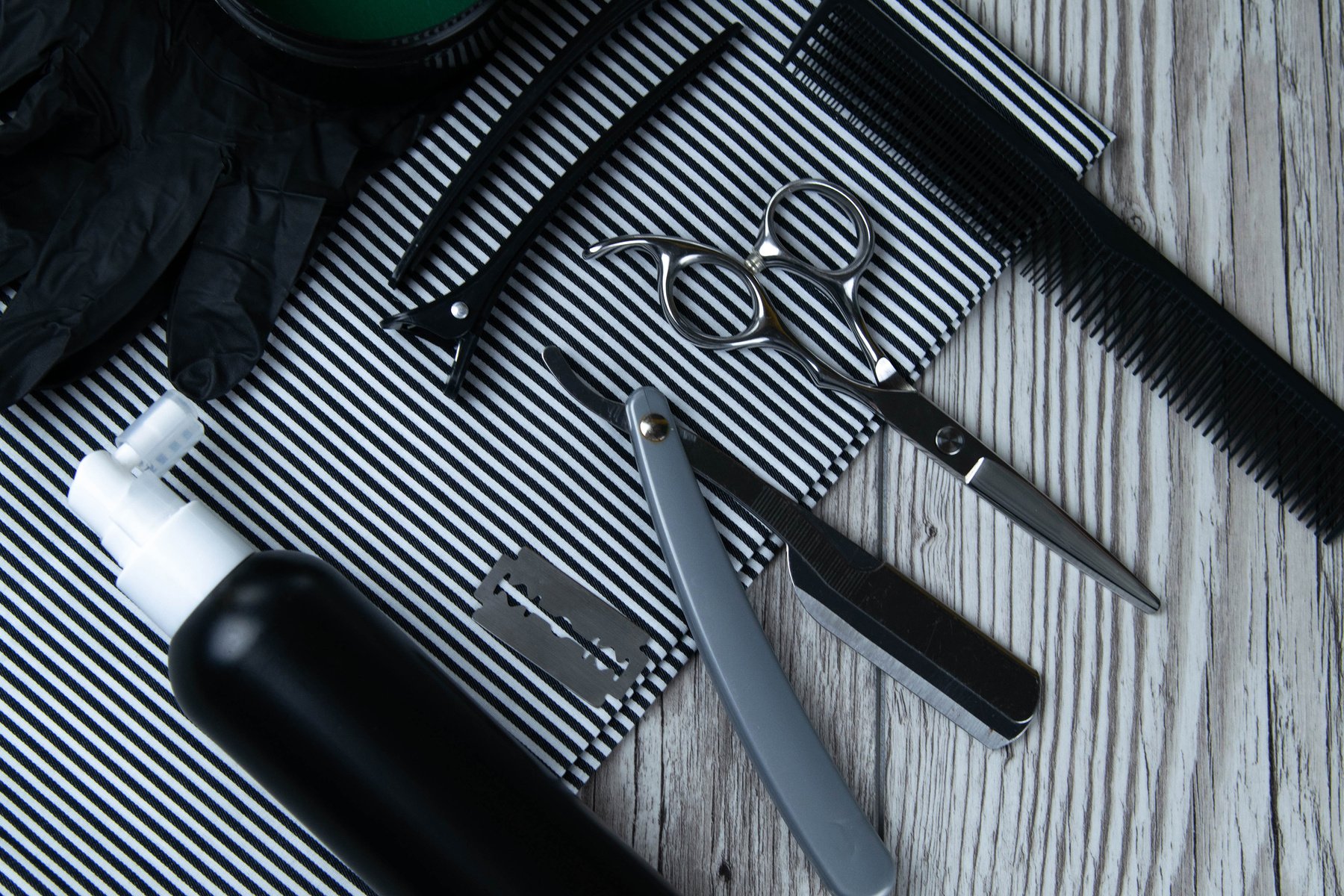 Barber items for men's haircuts, scissors, dangerous razor, hairpins and shaving gels