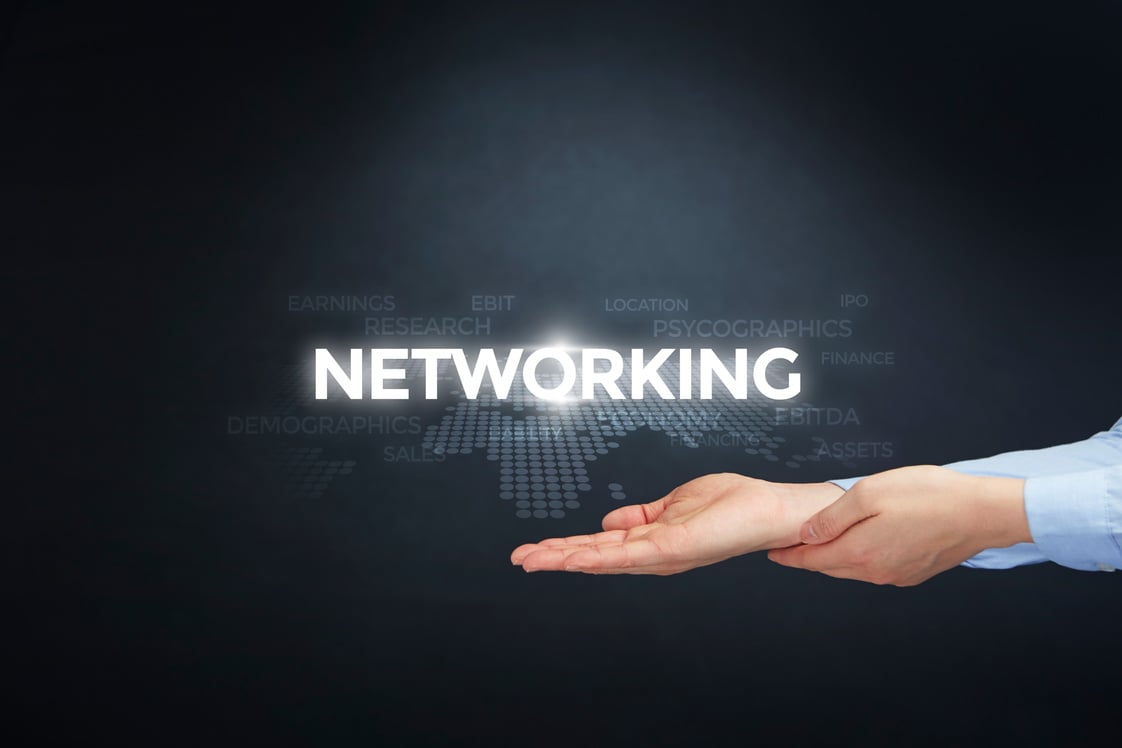 Hand showing digital text networking