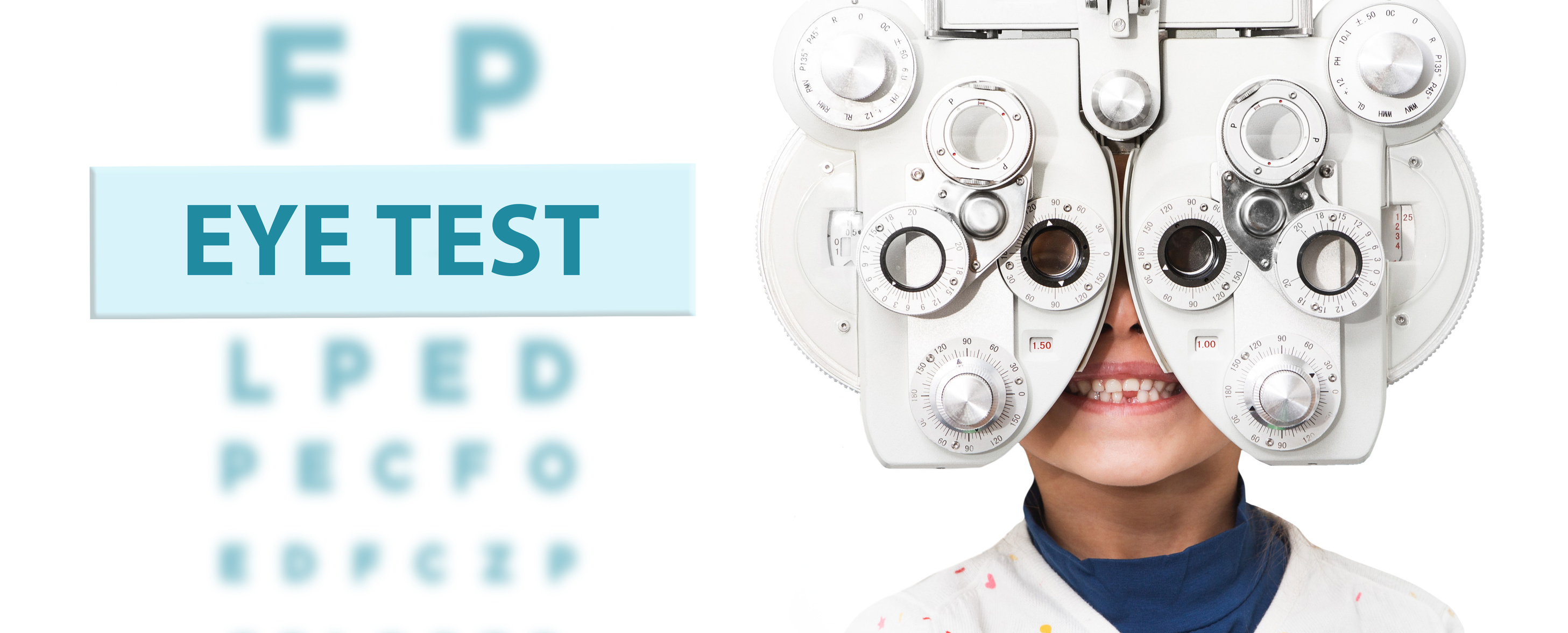 Child eye test and eye exam. Little girl having eye check-up, with phoropter. Eye test for children