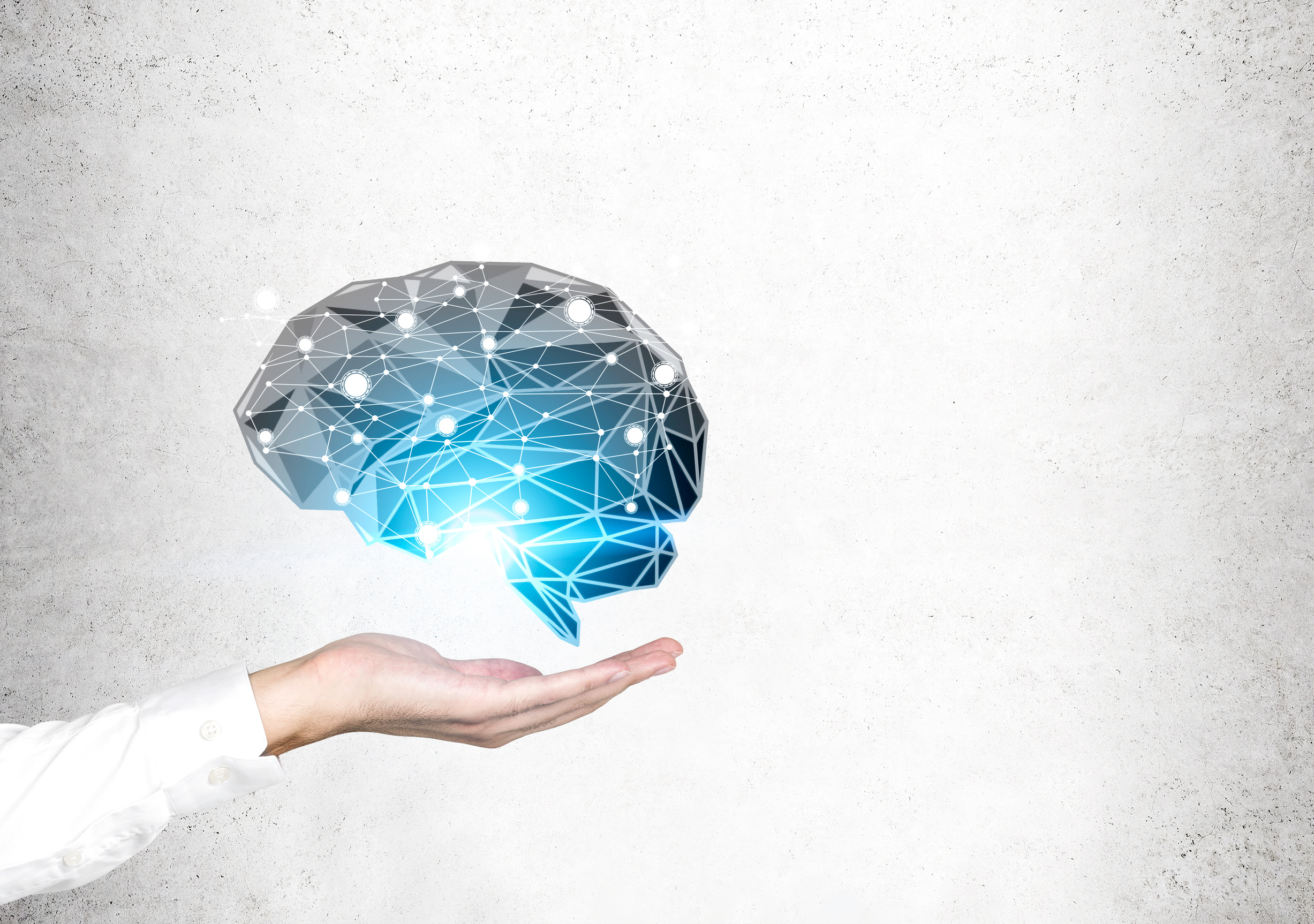 Man s hand holding brain hologram, concrete