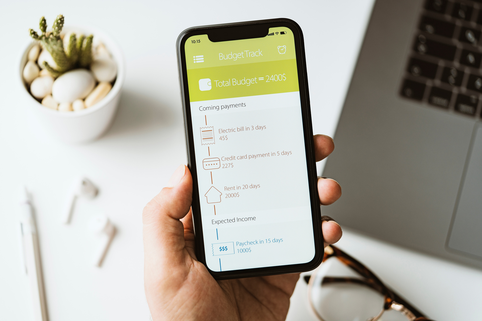 Budget tracking app on mobile phone screen