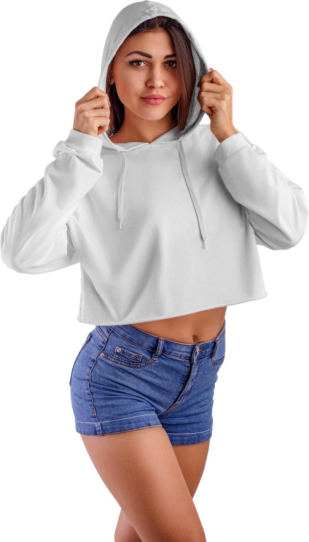 Mockup of a white crop top on a girl in shorts, png, stylish